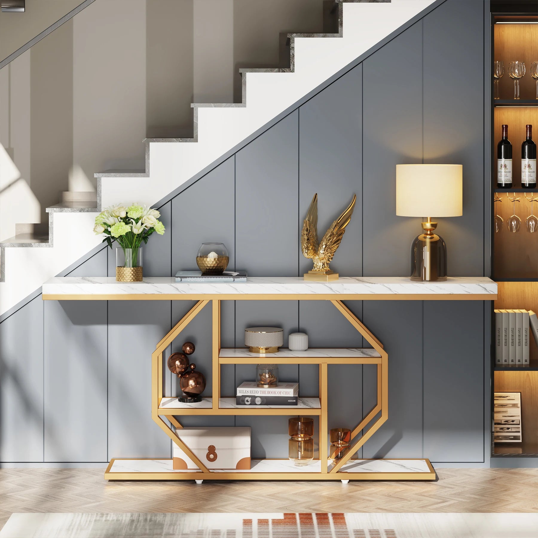Faux Marble Gold Console Table with Storage Shelves for Entryway — 70" Behind-Sofa