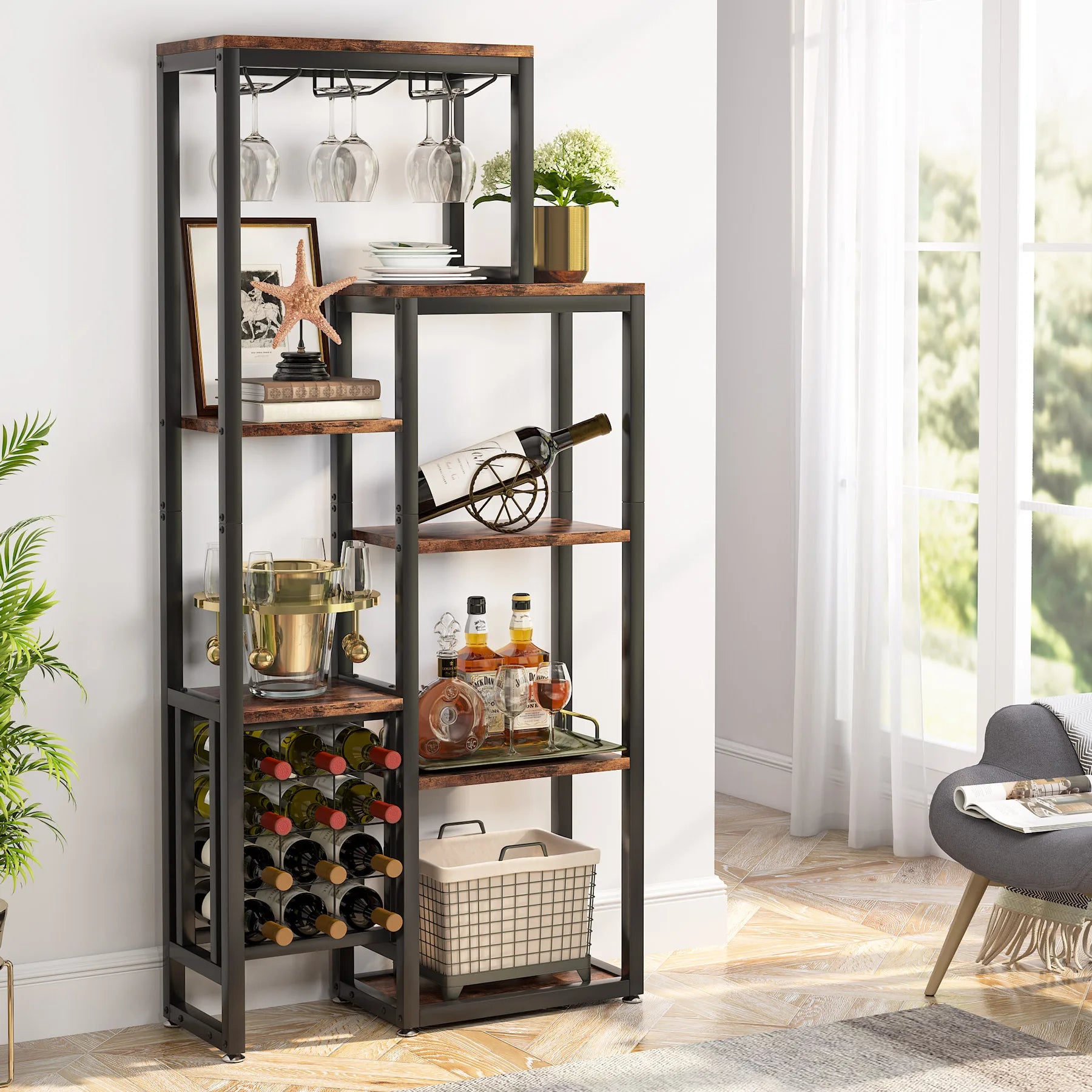 Industrial Wine Bakers Rack, 20-Bottle Freestanding Wine Rack with Glass Holder & Storage Shelves