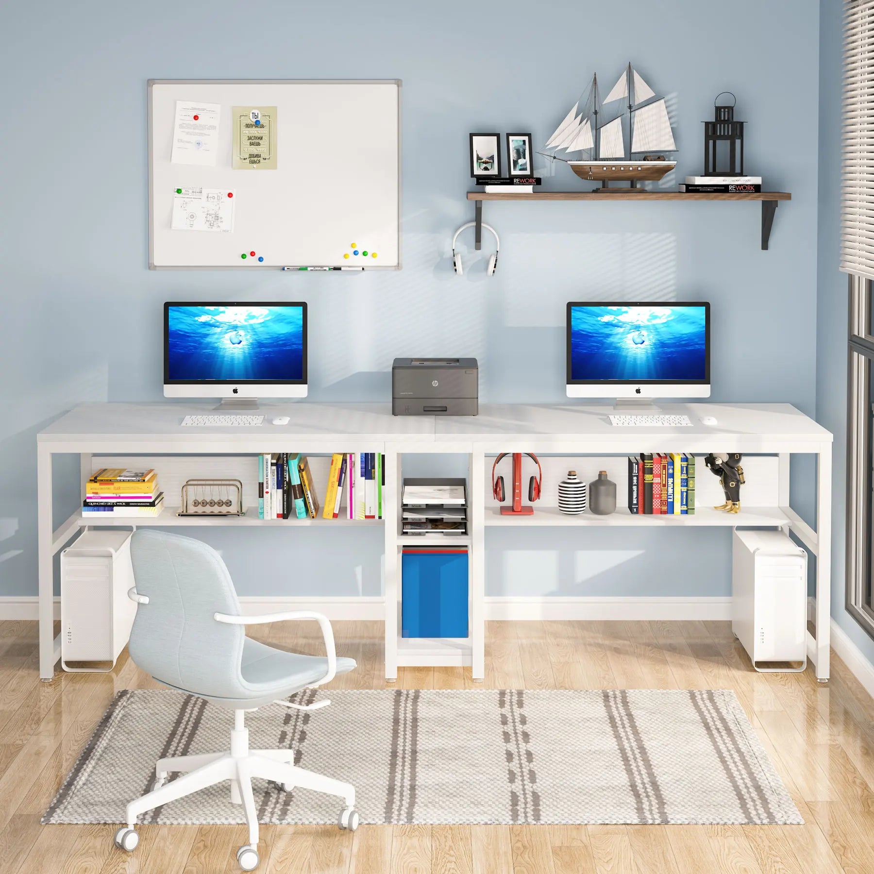 Rustic Two-Person Desk with Bookshelf for Home Office — 78.7in Double Workstation
