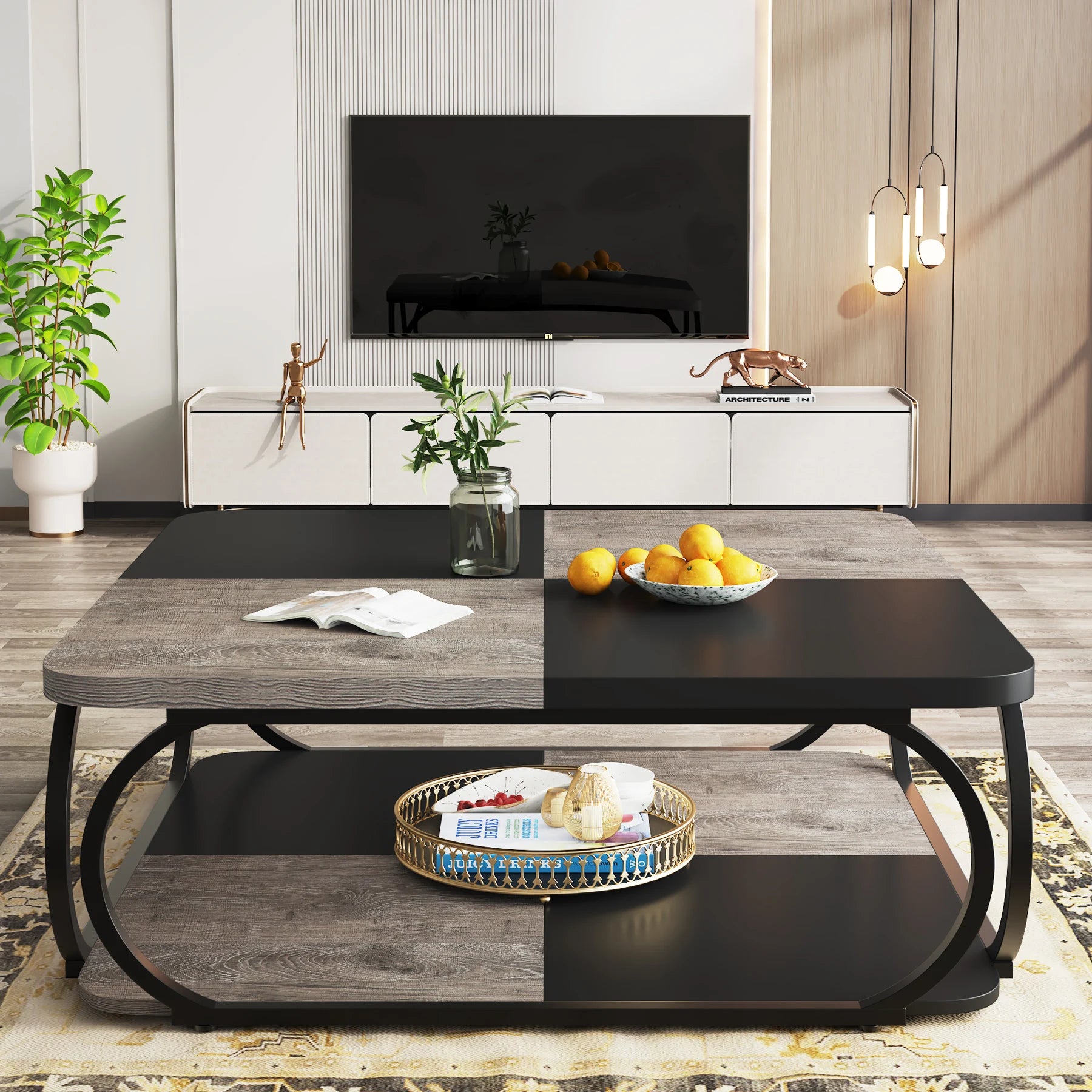 Two-Tone Wood Coffee Table with Storage Shelf for Living Room — 40in Square, Curved Metal Frame