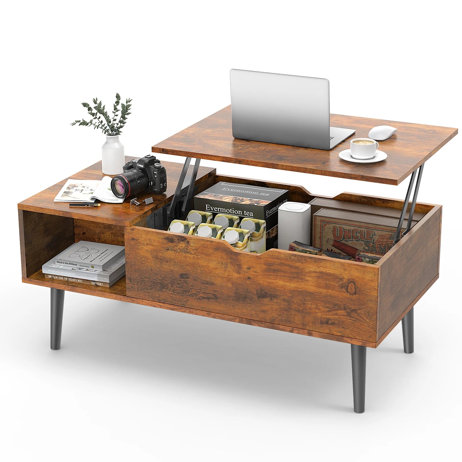 Mid-Century Lift-Top Coffee Table with Hidden Storage for Living Room — 39"W