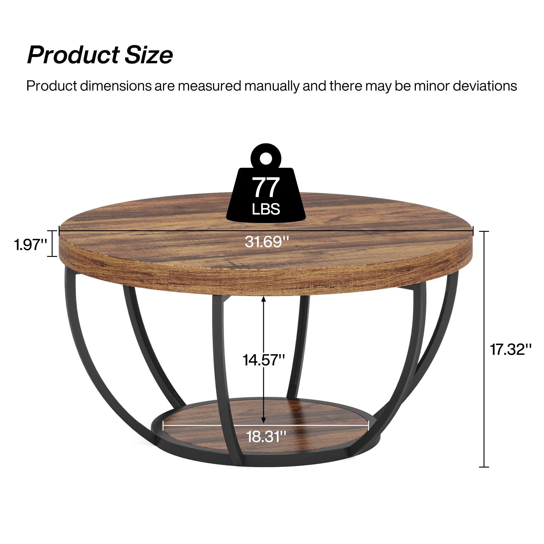Round Industrial Coffee Table with Storage Shelf for Living Room — 31.7" Oak