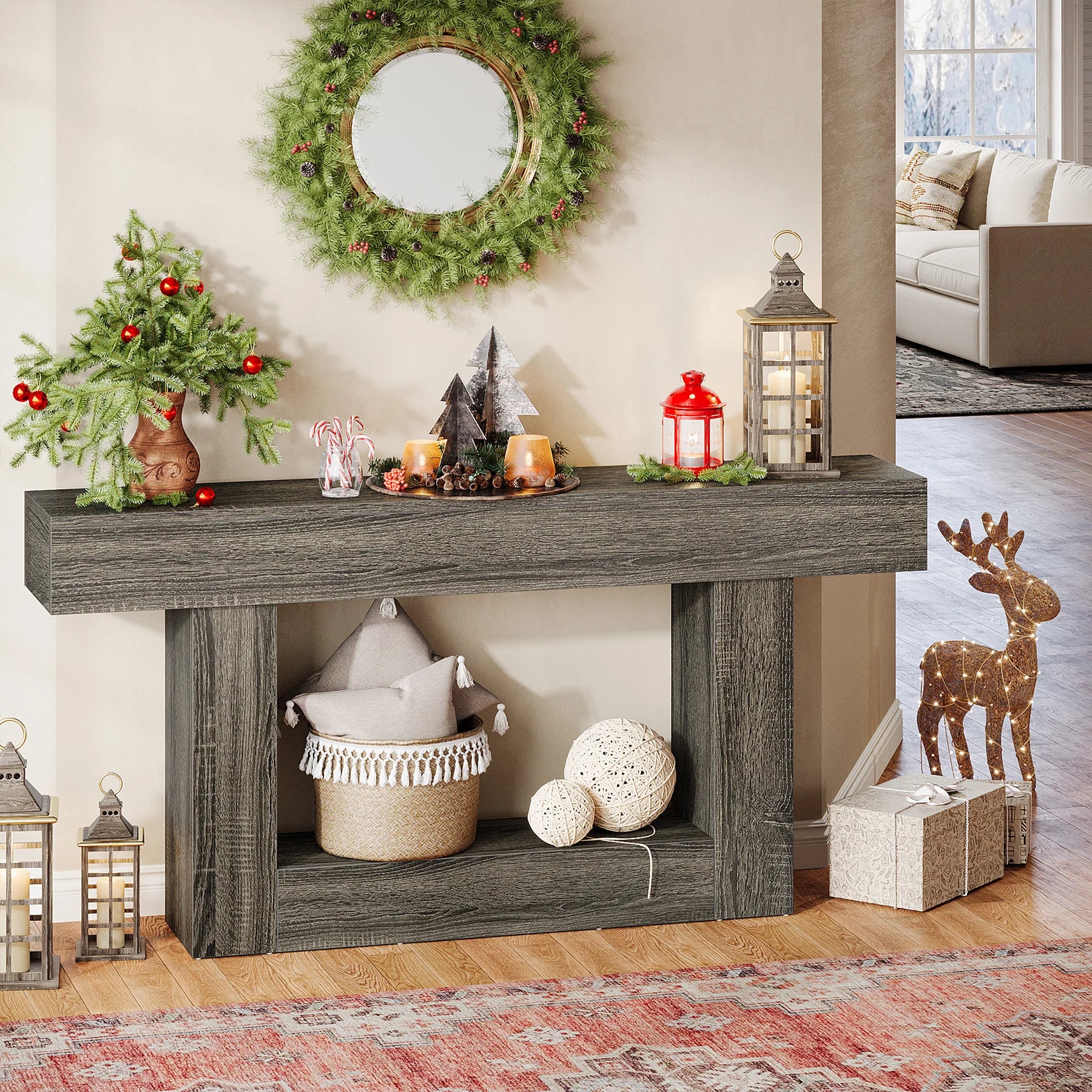 Two-Tone Farmhouse Console Table with Lower Shelf for Entryway — 63"