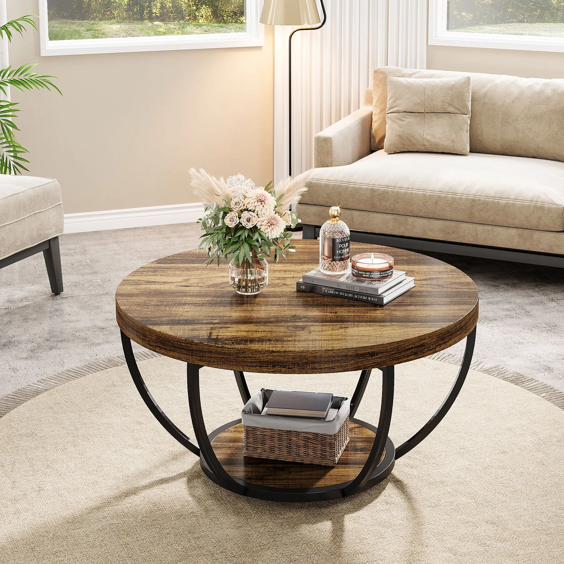 Round Industrial Coffee Table with Storage Shelf for Living Room — 31.7" Oak
