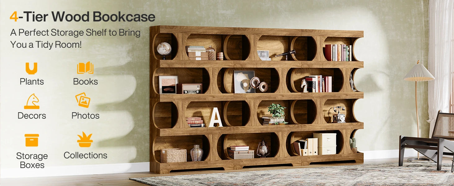 Two-Tone Curved Bookcase with Sculptural Cutout Shelves for Living Room — 71" Tall, 4 Tiers