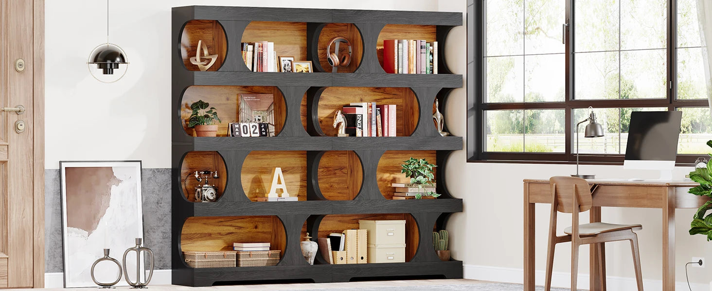 Two-Tone Curved Bookcase with Sculptural Cutout Shelves for Living Room — 71" Tall, 4 Tiers