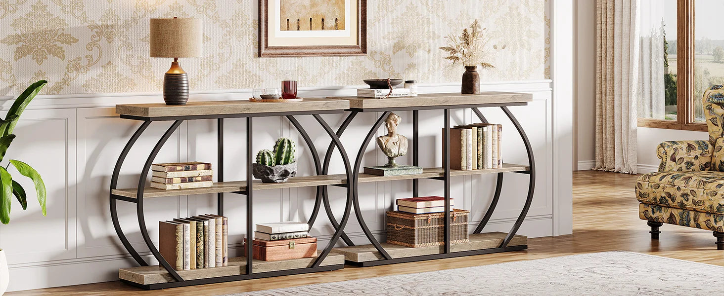 Rustic Industrial Console Table with Arched Metal Frame and 3 Storage Shelves for Entryway — 41 in