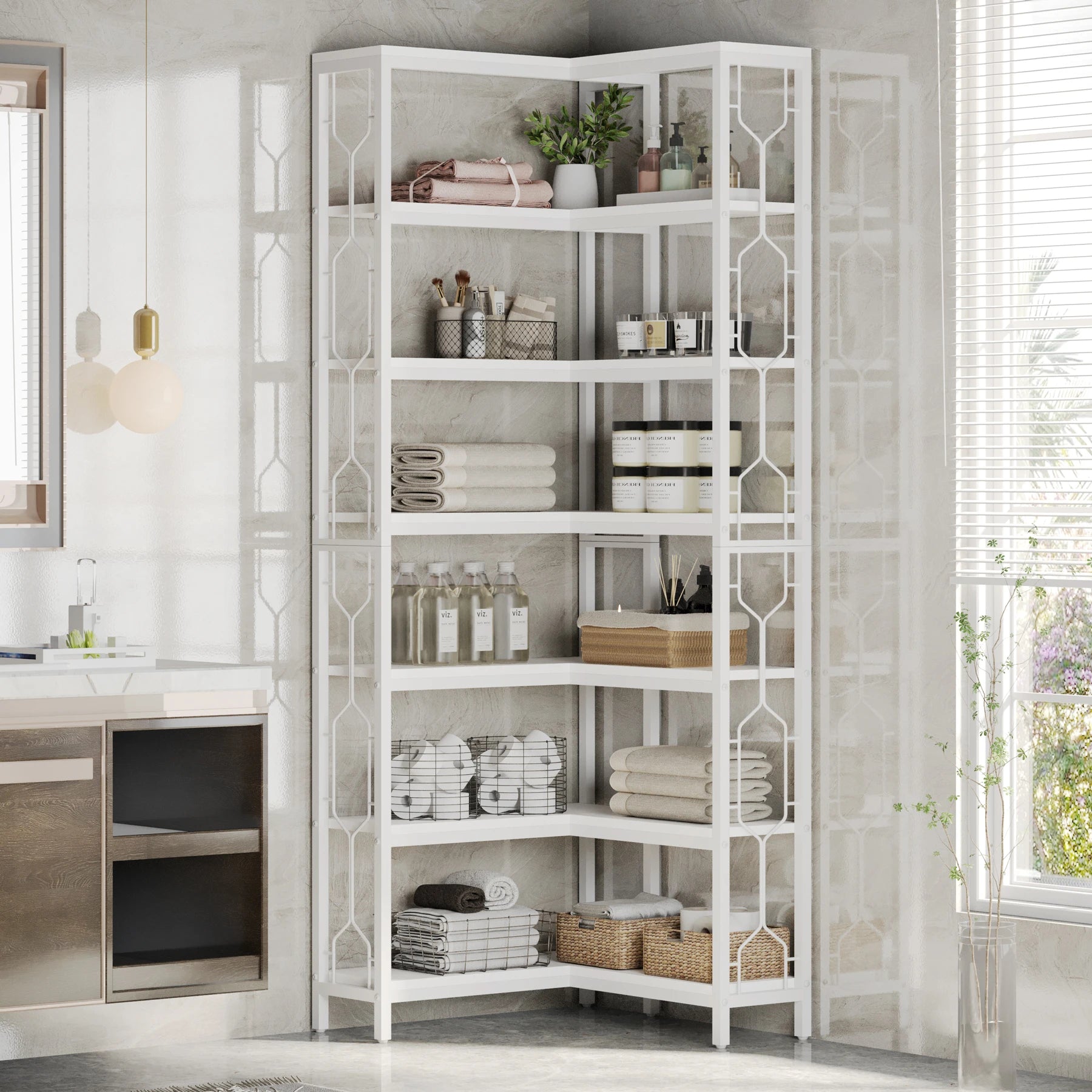 Industrial Corner Bookcase with 7 Shelves and Black Metal Frame for Living Room — 71" Tall
