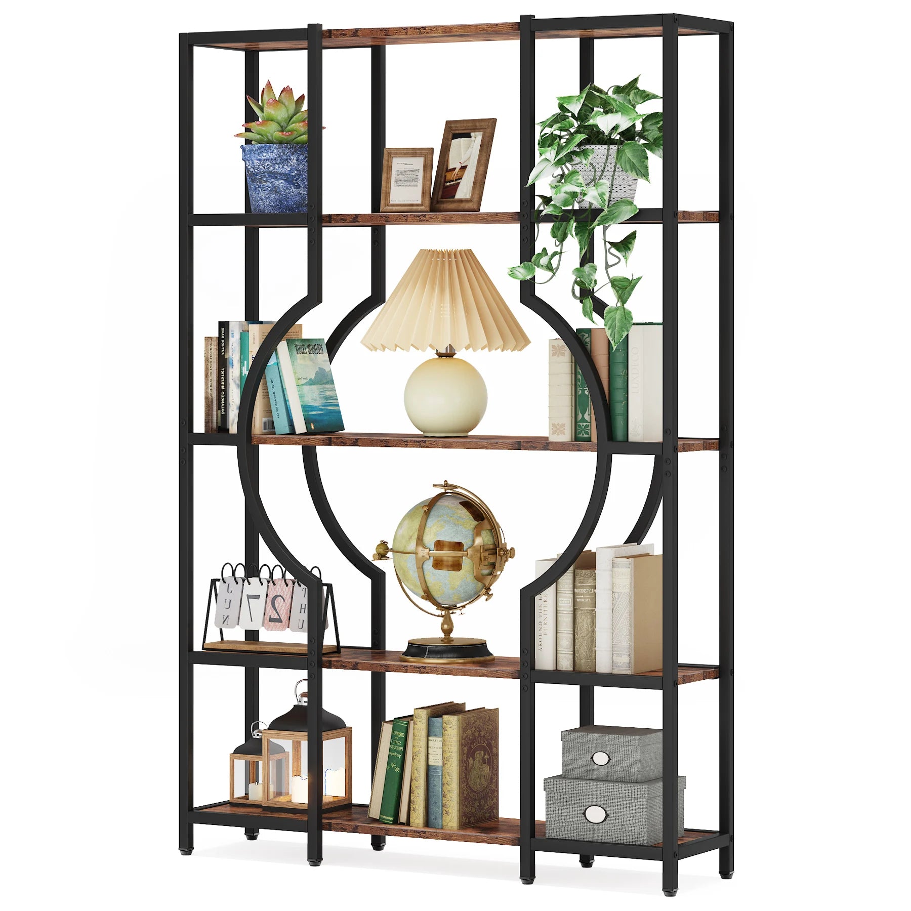 Industrial Etagere Bookcase with Curved Arc for Living Room — 71" Tall Freestanding