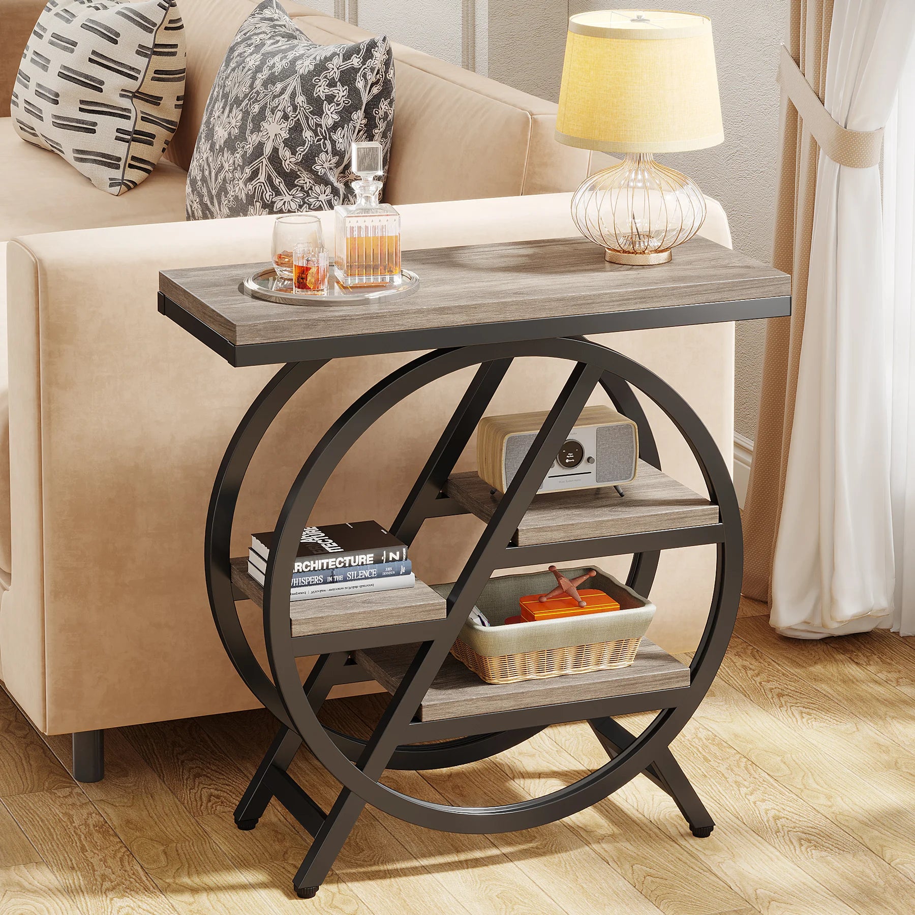 Rustic Wood 3-Tier Side Table with Round Metal Frame for Living Room — Narrow