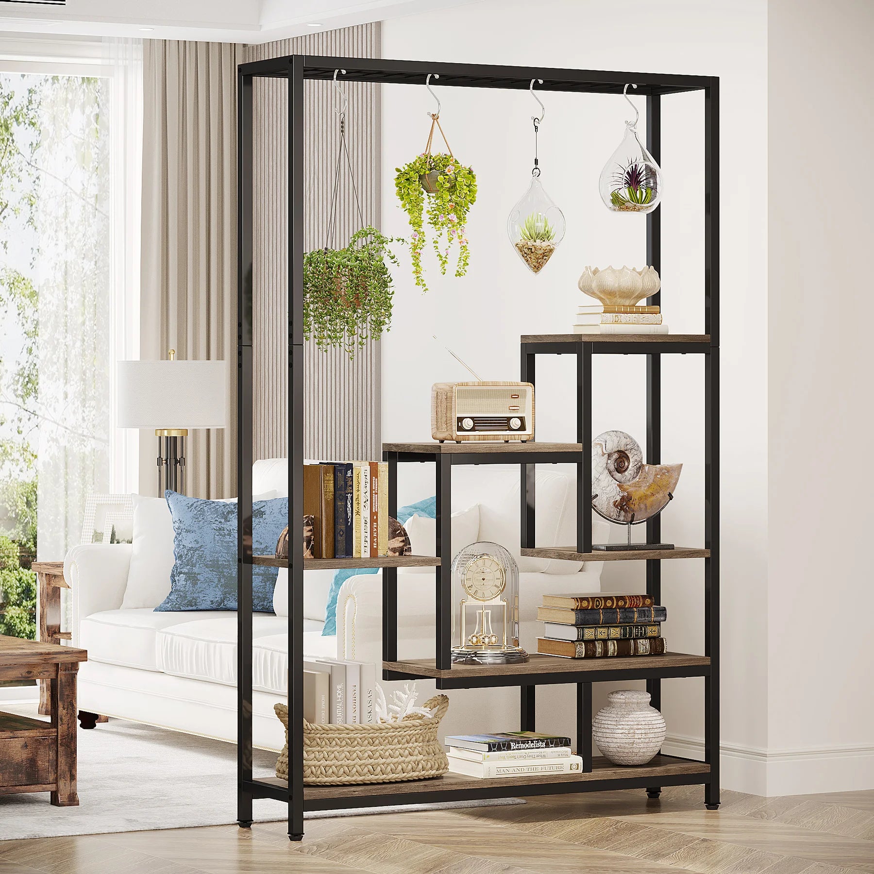 Industrial Metal Plant Stand with Hanging Hooks for Living Room — 5-Tier, 70.9in Tall