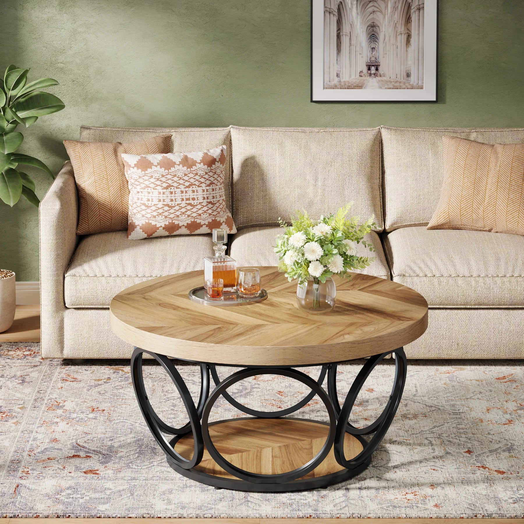 Round Industrial Coffee Table with Storage Shelf for Living Room — 31.7" Oak