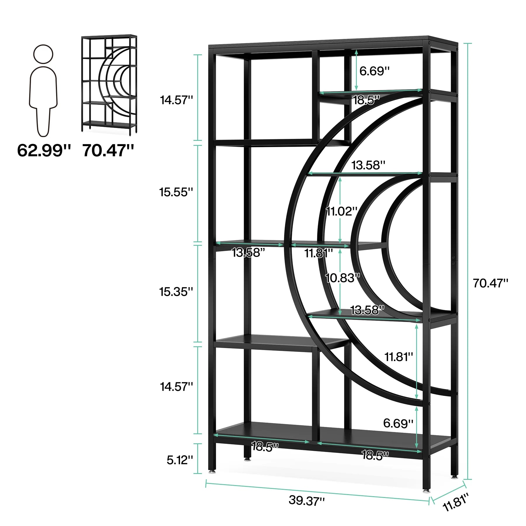 Industrial Etagere Bookcase with Curved Arc for Living Room — 71" Tall Freestanding