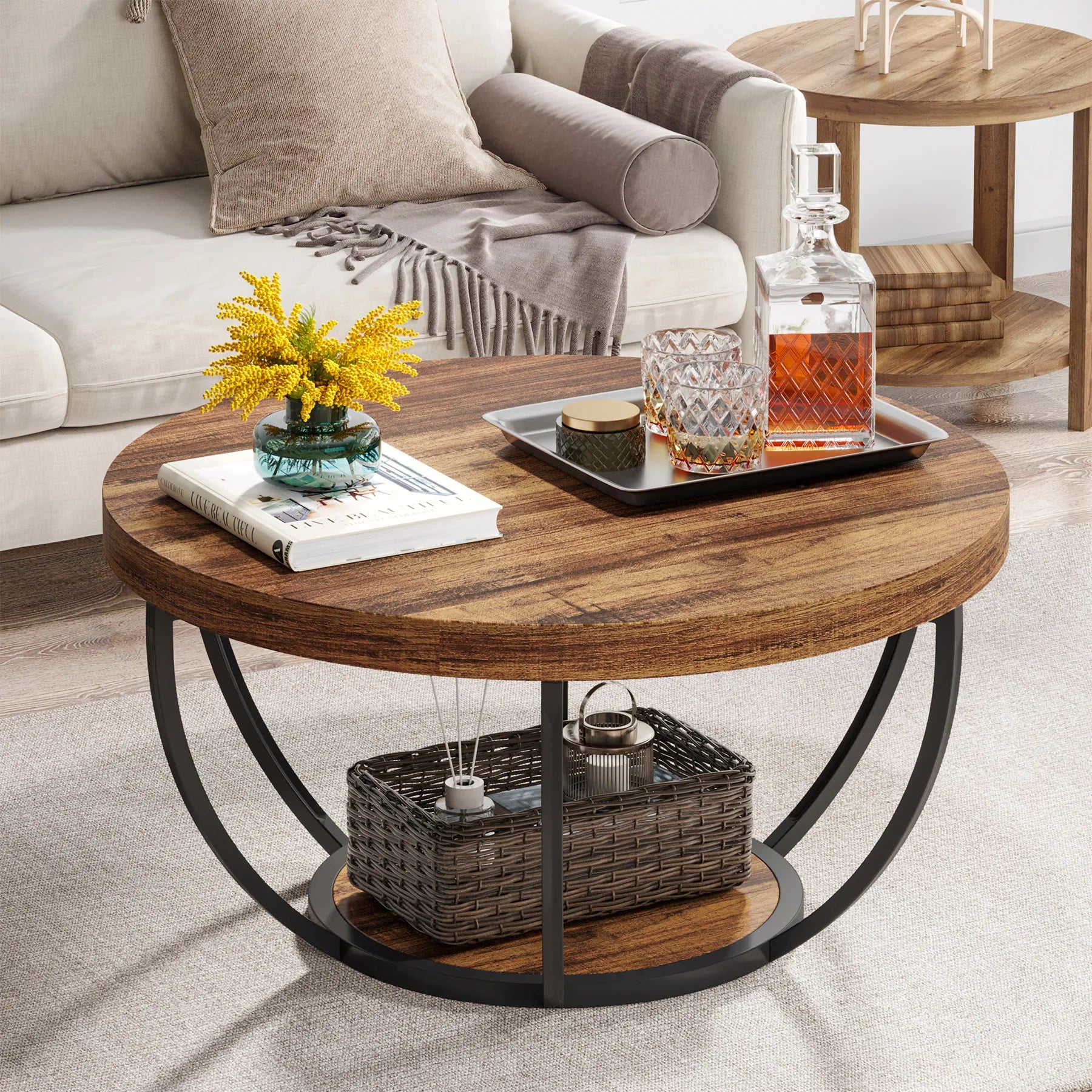 Round Industrial Coffee Table with Storage Shelf for Living Room — 31.7" Oak