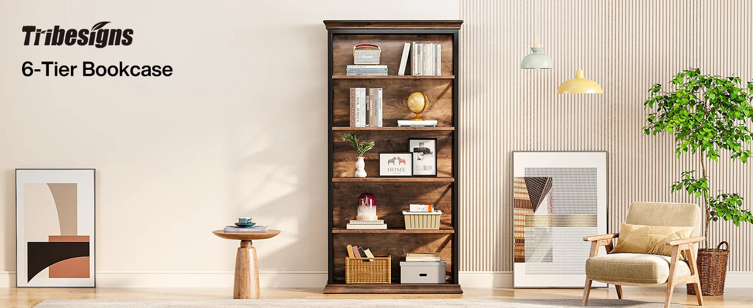 Industrial 6-Tier Bookcase with X-Frame for Living Room — 71in Tall Open Bookshelf