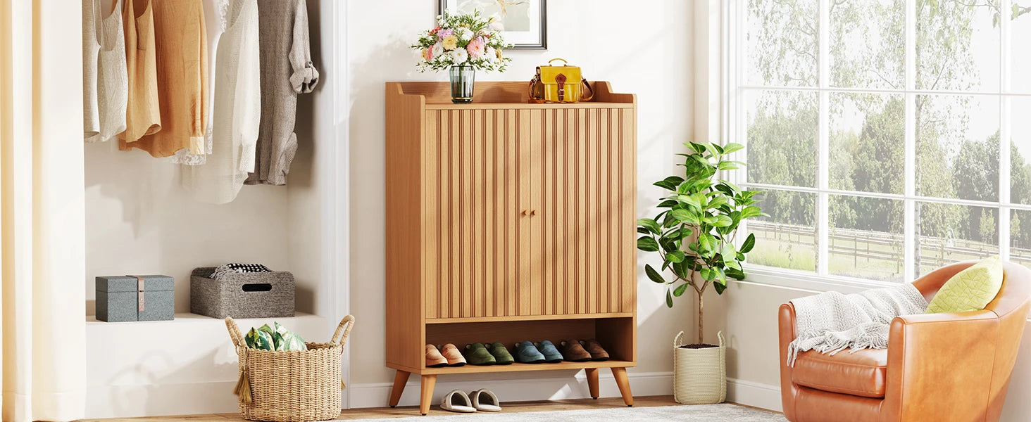 White Gold-Accent Shoe Cabinet with Doors for Entryway — 5-Tier Storage