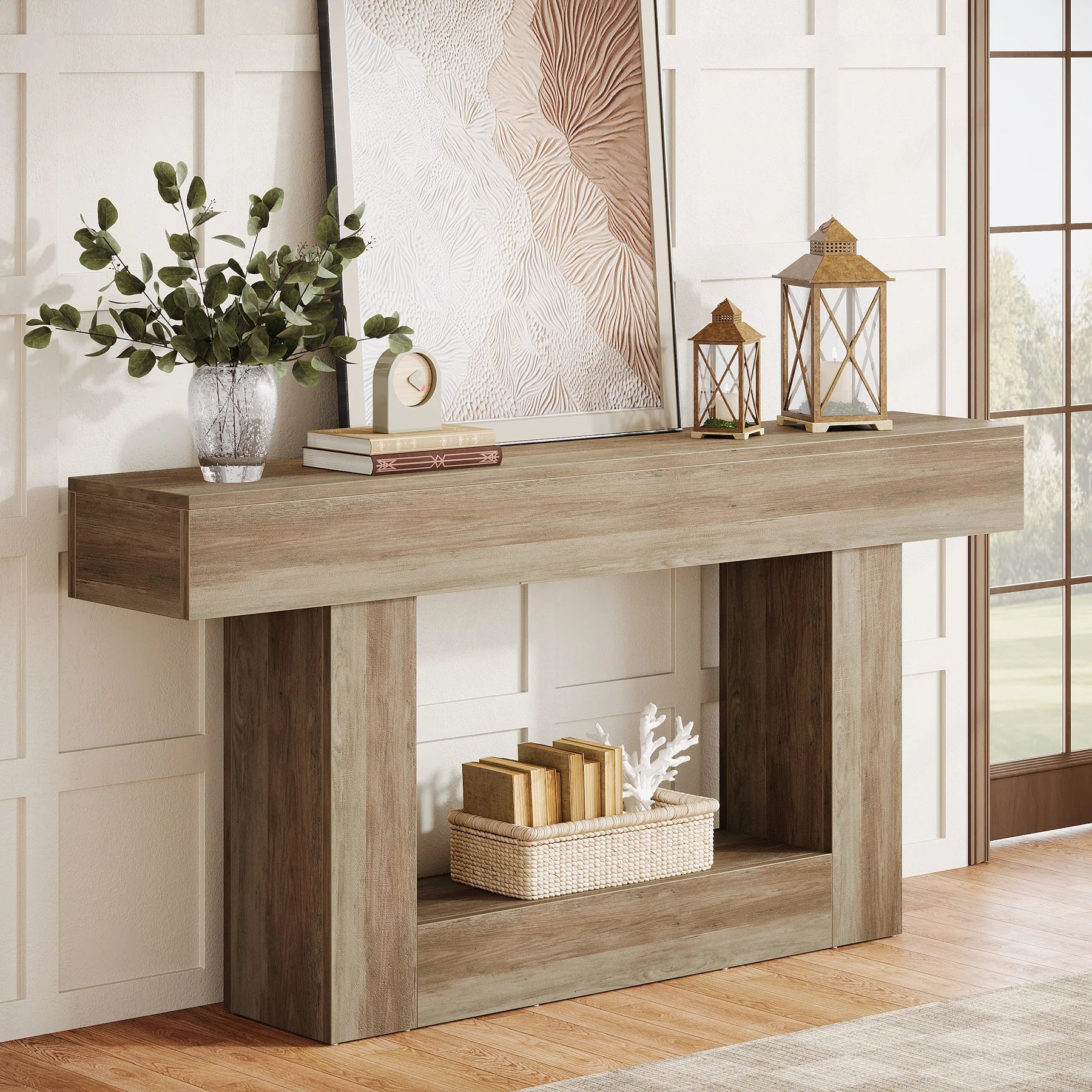 Two-Tone Farmhouse Console Table with Lower Shelf for Entryway — 63"