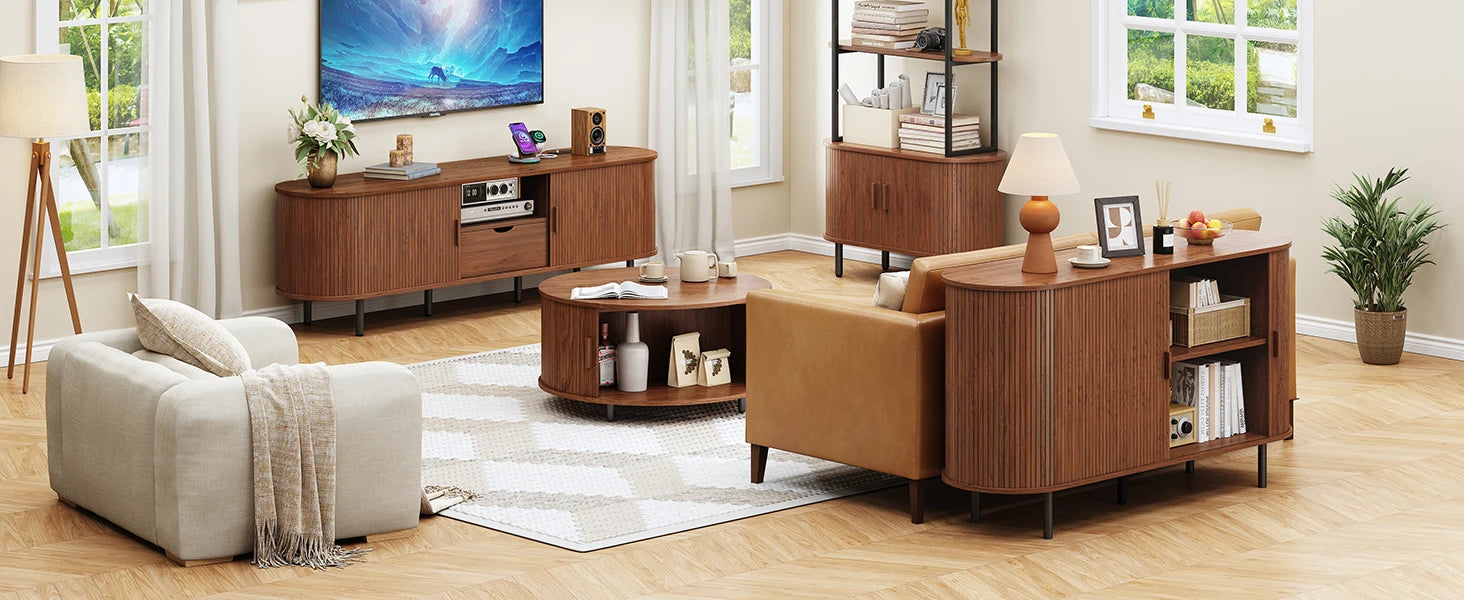 Mid-Century TV Stand for 80" TV — Fluted Walnut Media Console with Storage & Sliding Doors