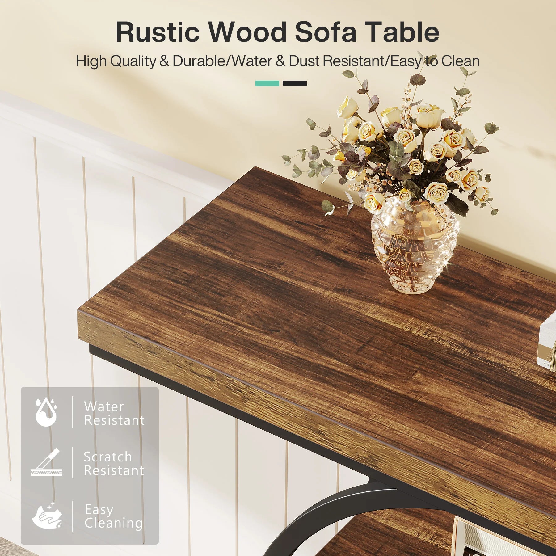Rustic Wood 4-Tier Console Table with Round Metal Frame for Entryway — 41.3in