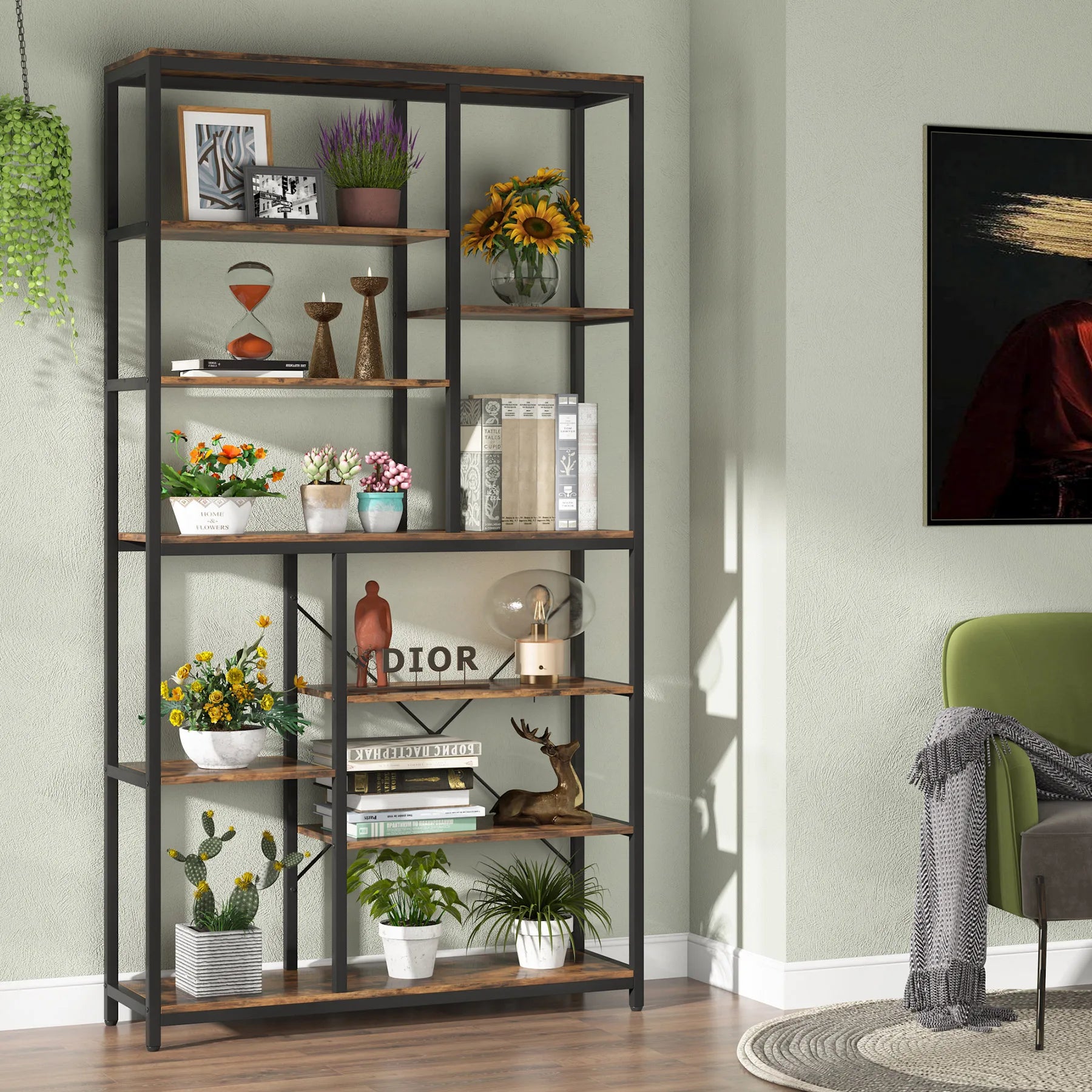 Industrial Bookcase with Open Shelves for Living Room — 79in 9-Tier Etagere