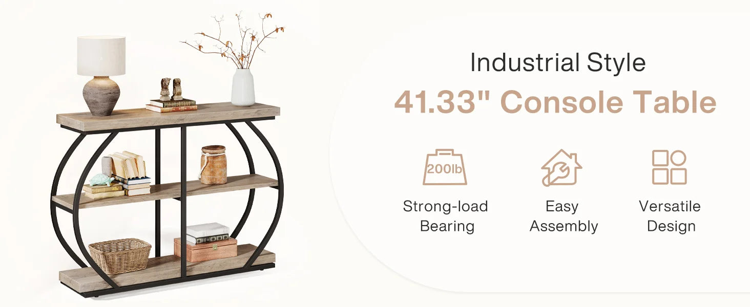 Rustic Industrial Console Table with Arched Metal Frame and 3 Storage Shelves for Entryway — 41 in