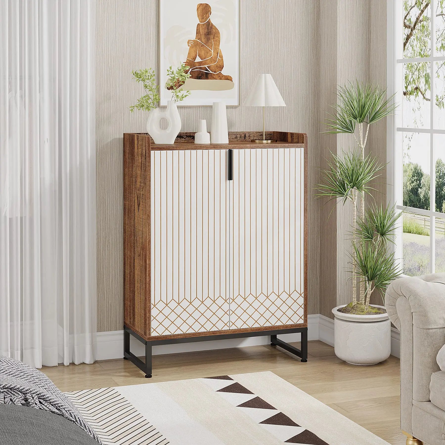 White Gold-Accent Shoe Cabinet with Doors for Entryway — 5-Tier Storage