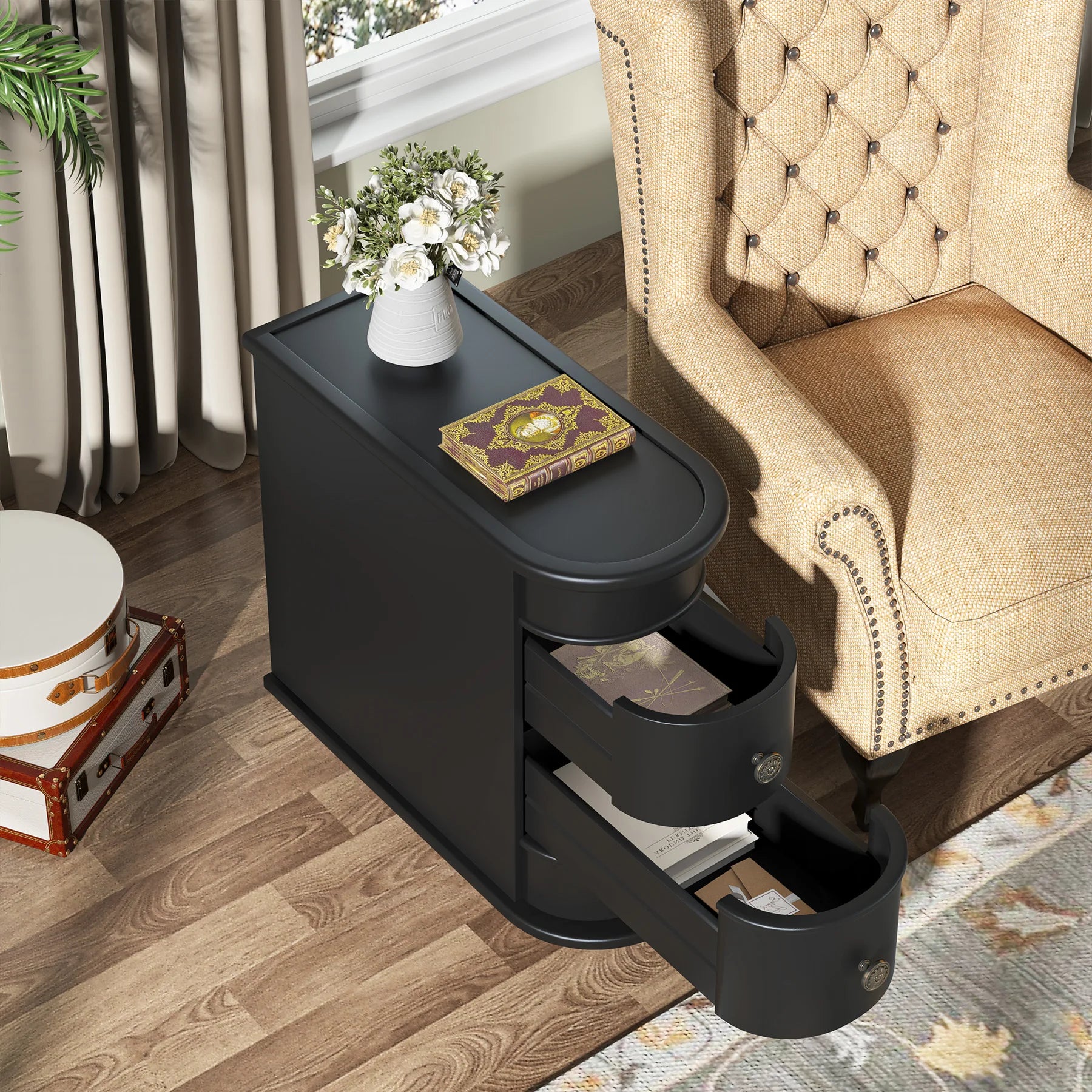 Solid Wood Narrow Side Table Nightstand with 2 Drawers for Living Room — 24" Tall
