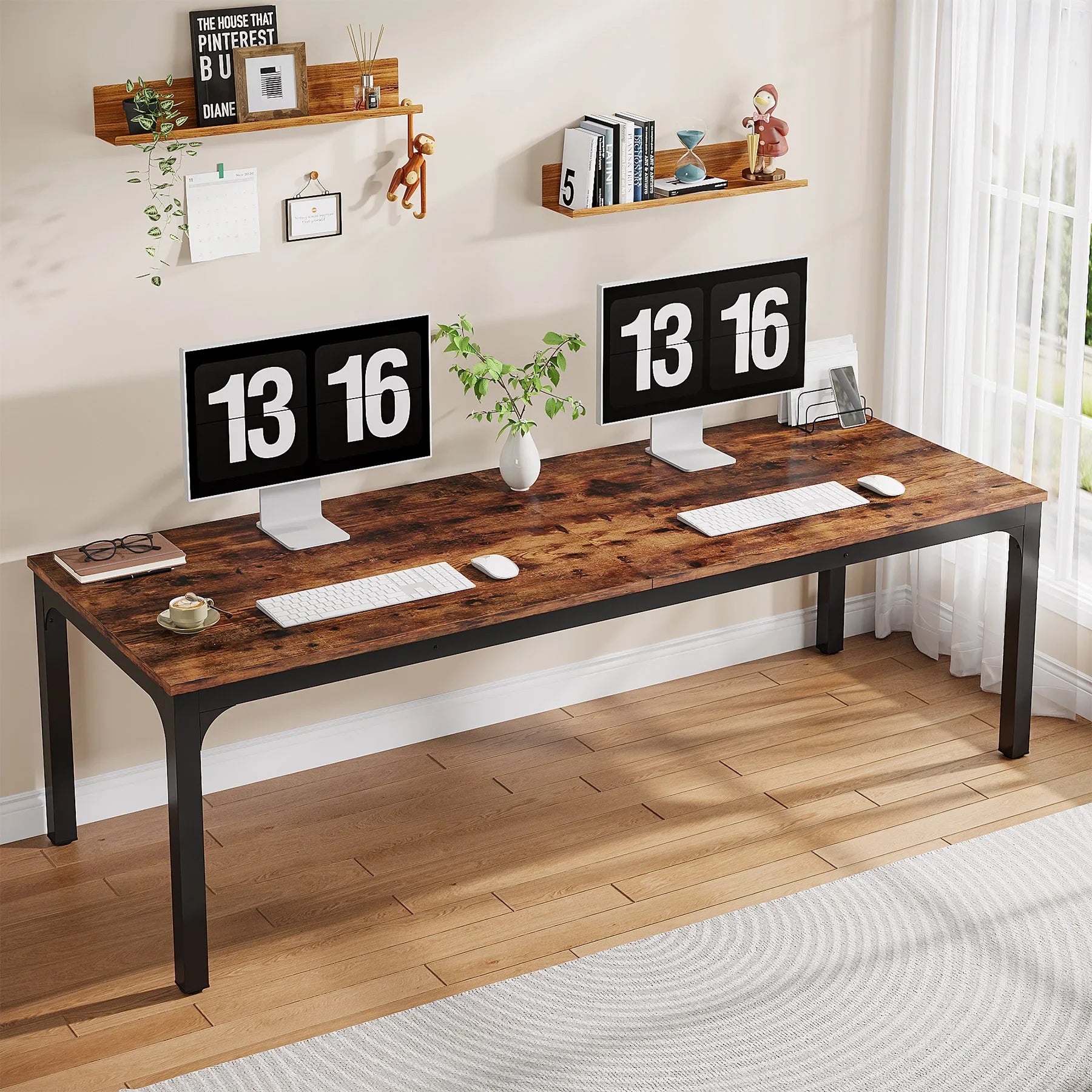 Industrial Wood Computer Desk with Steel Frame for Two-Person Home Office — 78.7"