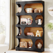 Two-Tone Curved Bookcase with Sculptural Cutout Shelves for Living Room — 71" Tall, 4 Tiers