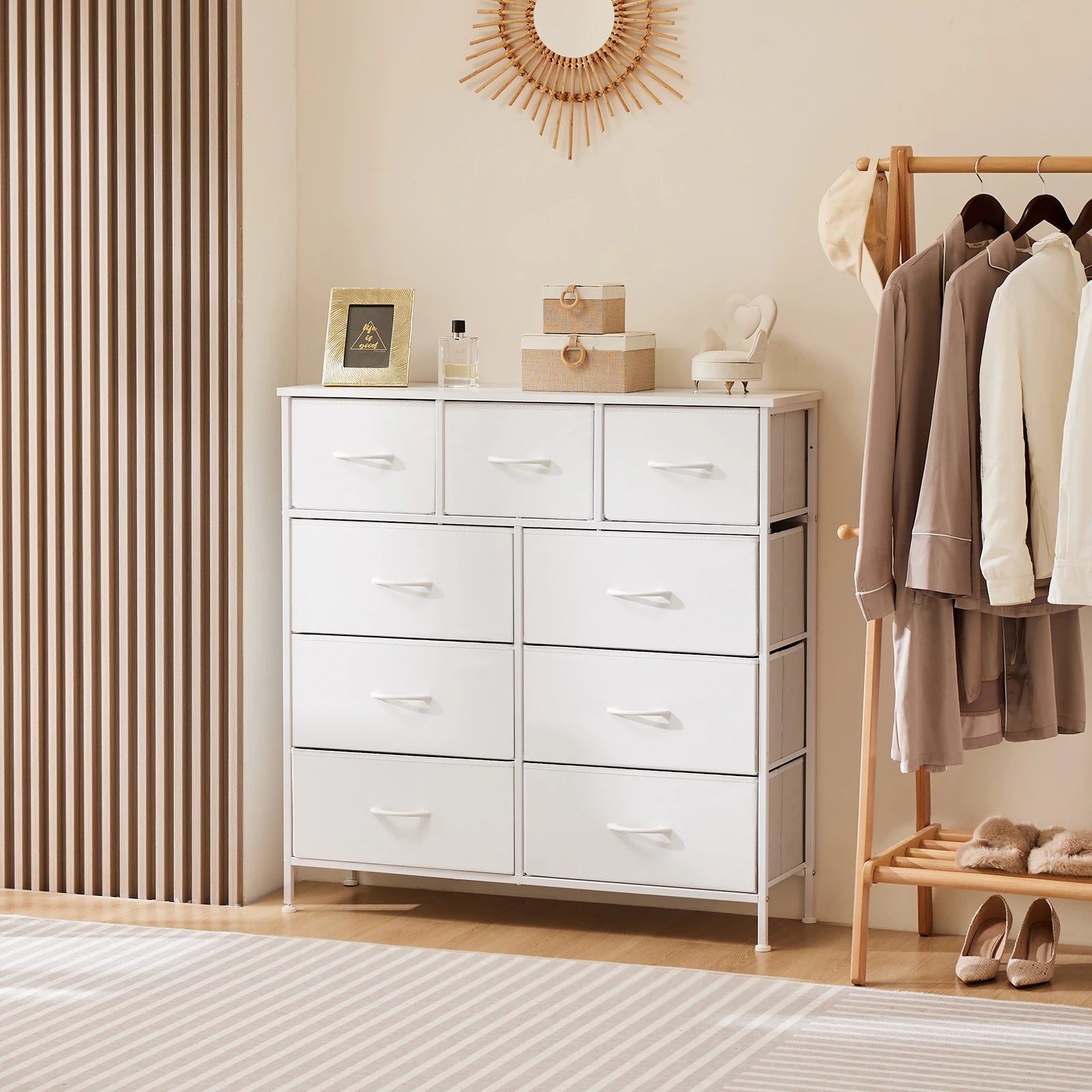 Rustic Wood-Look Dresser with 9 Fabric Drawers for Bedroom — Tall Industrial Chest