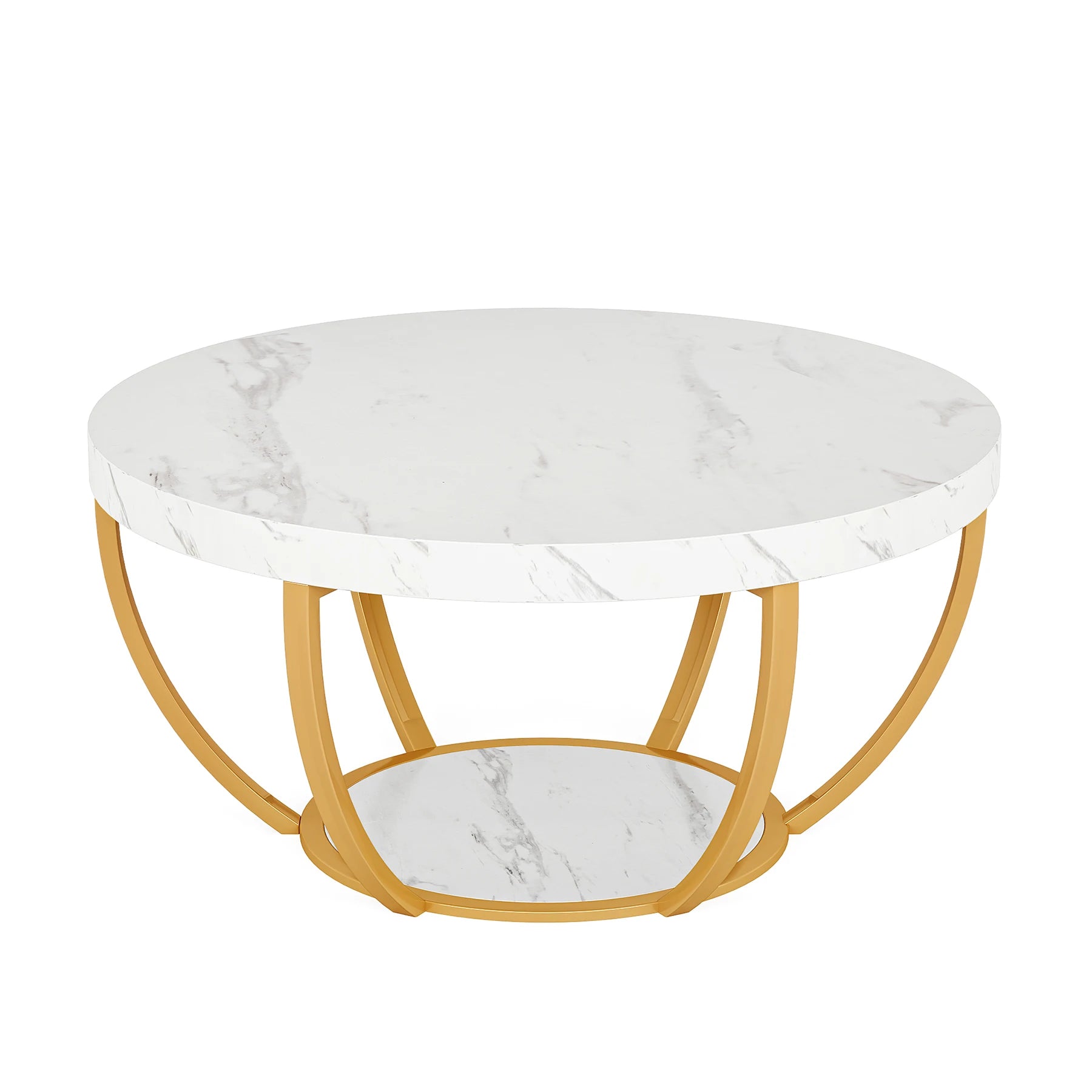 Round Industrial Coffee Table with Storage Shelf for Living Room — 31.7" Oak