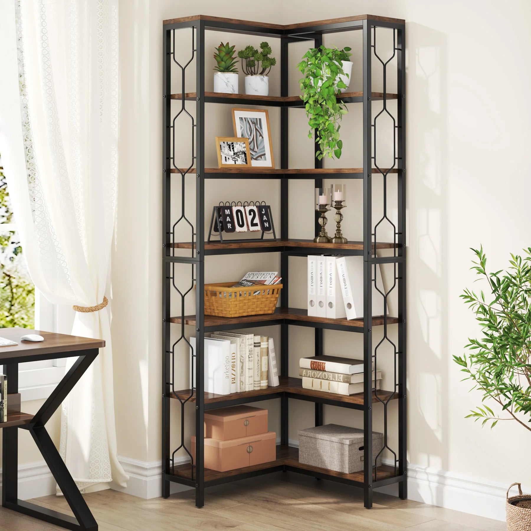 Industrial Corner Bookcase with 7 Shelves and Black Metal Frame for Living Room — 71" Tall