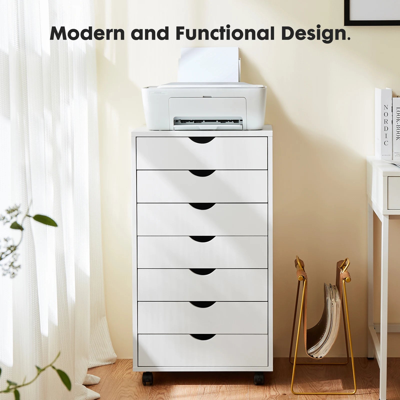 White 7-Drawer Rolling Dresser with Locking Casters for Bedroom or Office — 26" Tall