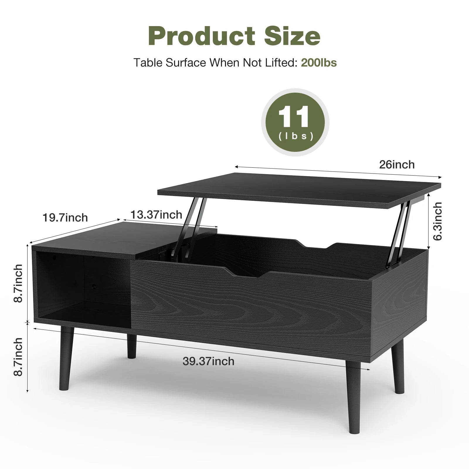 Mid-Century Lift-Top Coffee Table with Hidden Storage for Living Room — 39"W