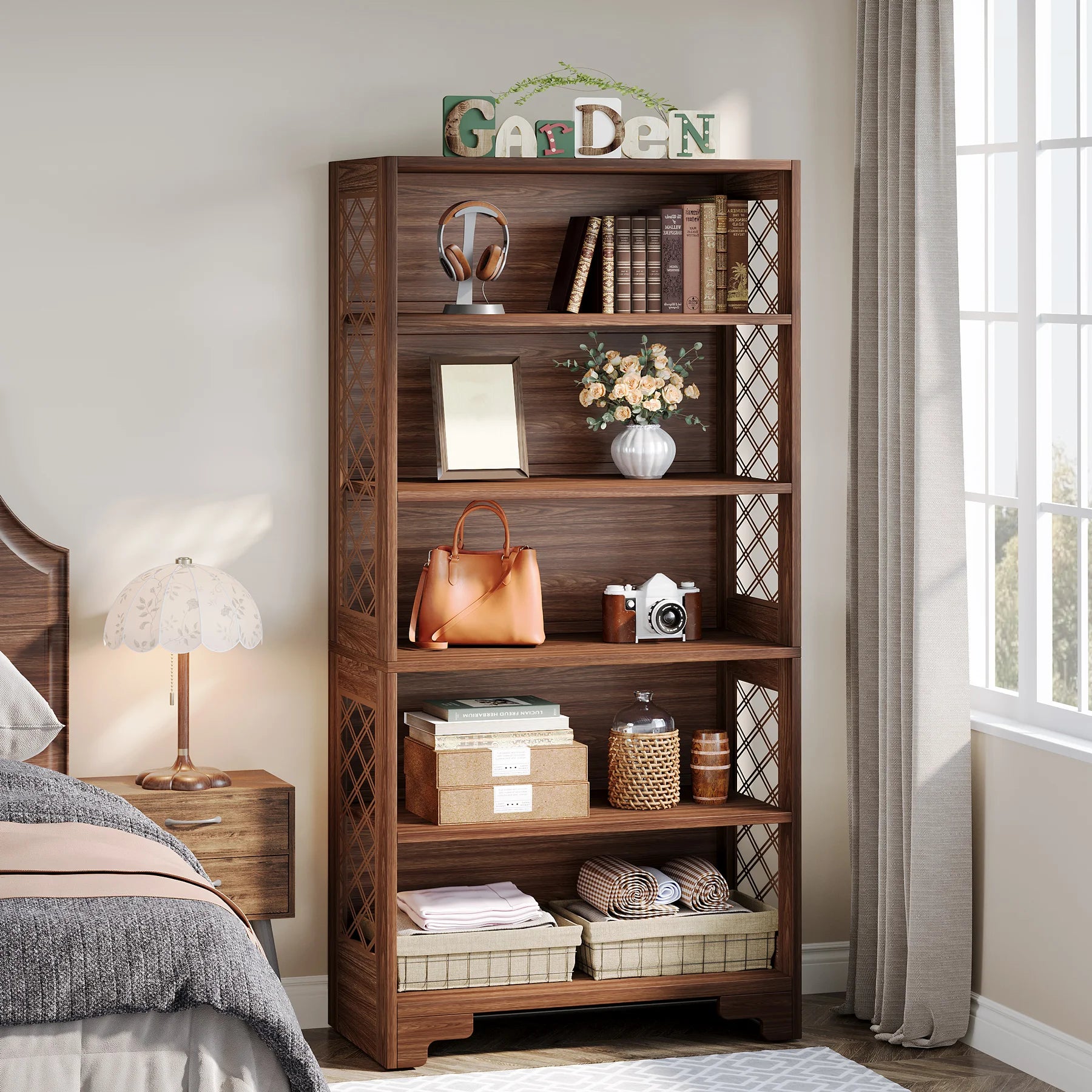 Industrial 6-Tier Bookcase with X-Frame for Living Room — 71in Tall Open Bookshelf