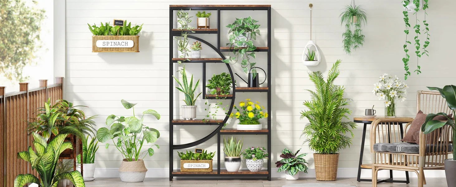 Industrial Etagere Bookcase with Curved Arc for Living Room — 71" Tall Freestanding