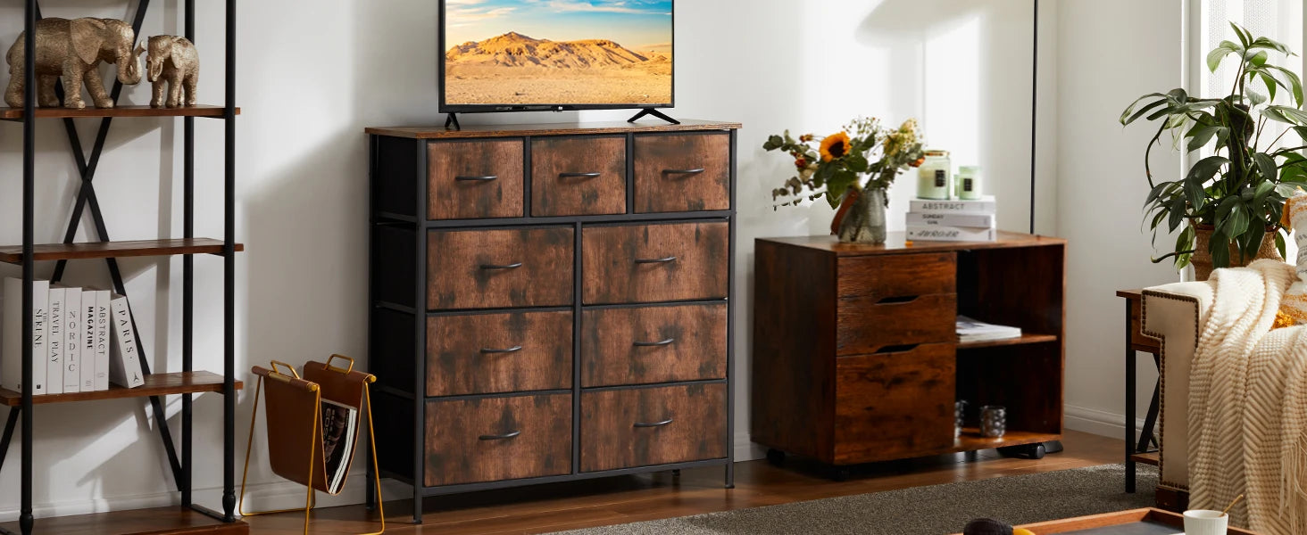 Rustic Wood-Look Dresser with 9 Fabric Drawers for Bedroom — Tall Industrial Chest