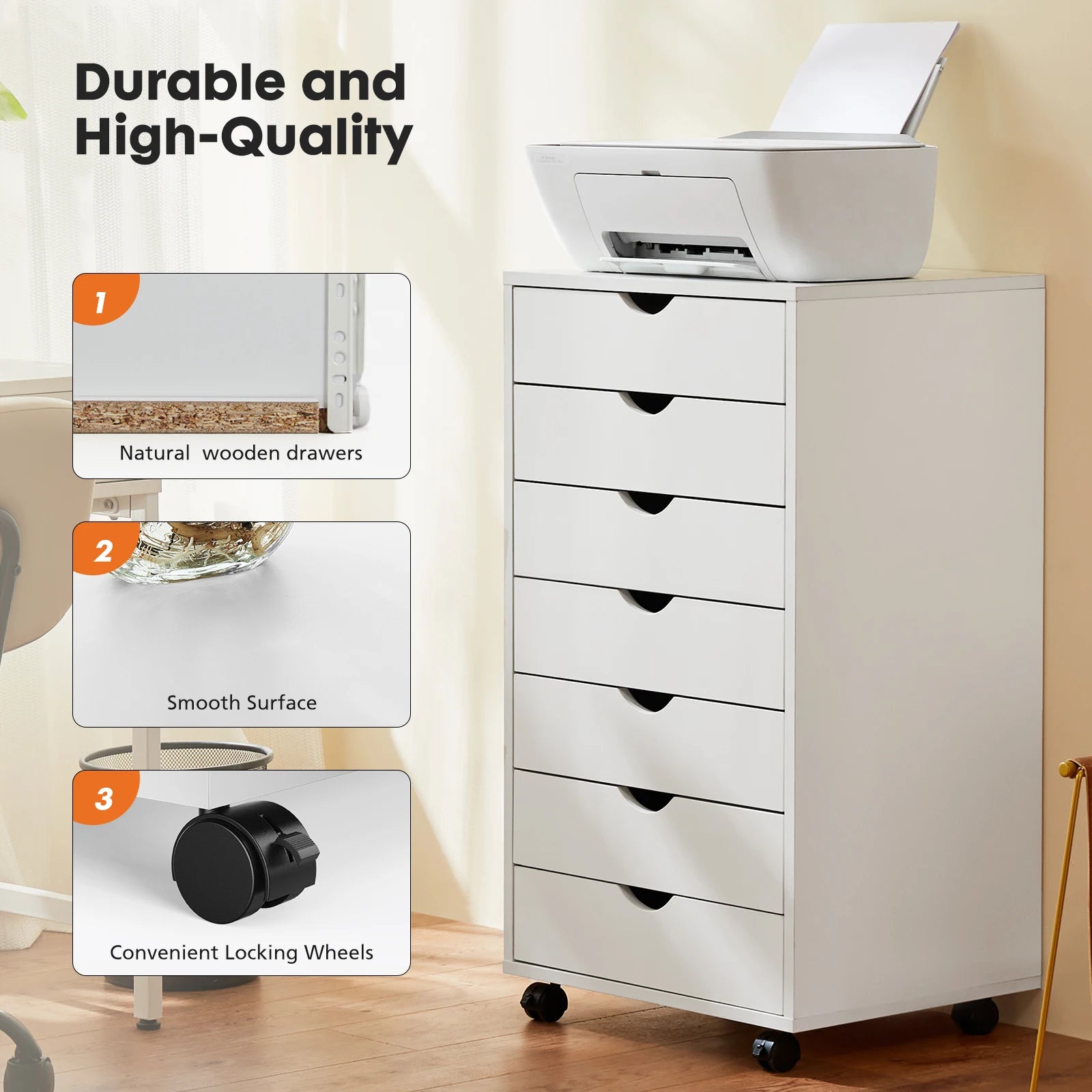 White 7-Drawer Rolling Dresser with Locking Casters for Bedroom or Office — 26" Tall