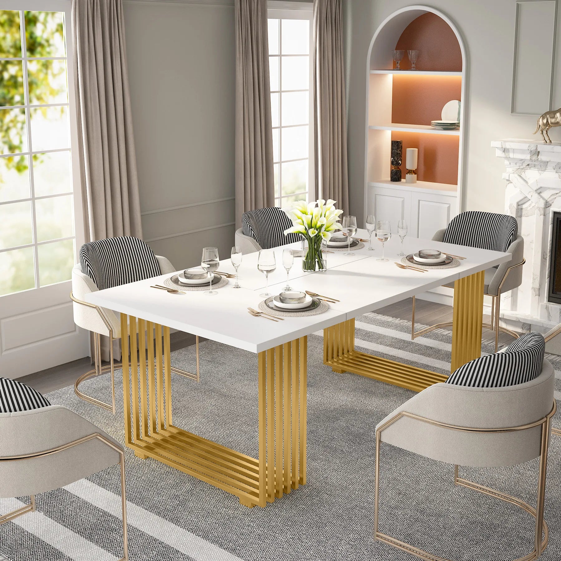 White Executive Desk with Gold Metal Legs for Home Office — 70.9"