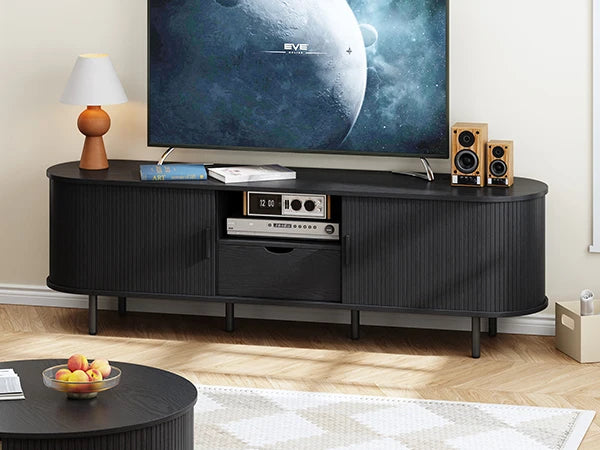 Mid-Century TV Stand for 80" TV — Fluted Walnut Media Console with Storage & Sliding Doors
