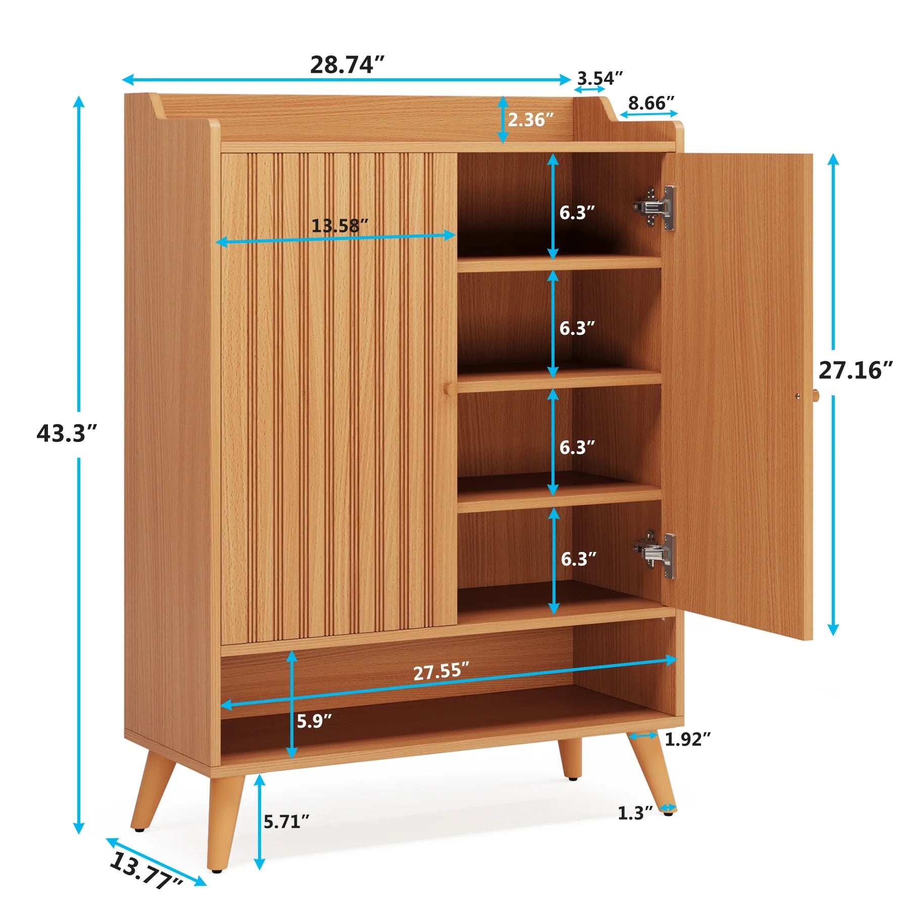 White Gold-Accent Shoe Cabinet with Doors for Entryway — 5-Tier Storage