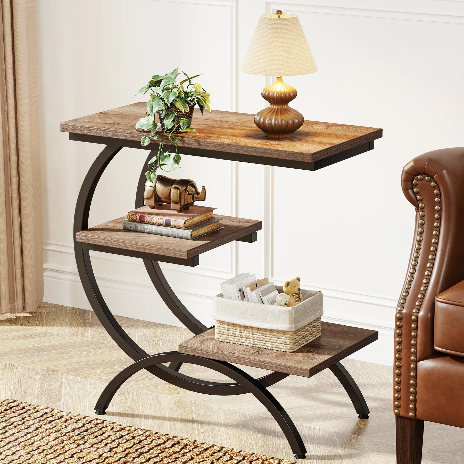 Industrial 3-Tier Side Table with Curved Metal Frame for Living Room — Rustic Brown Wood