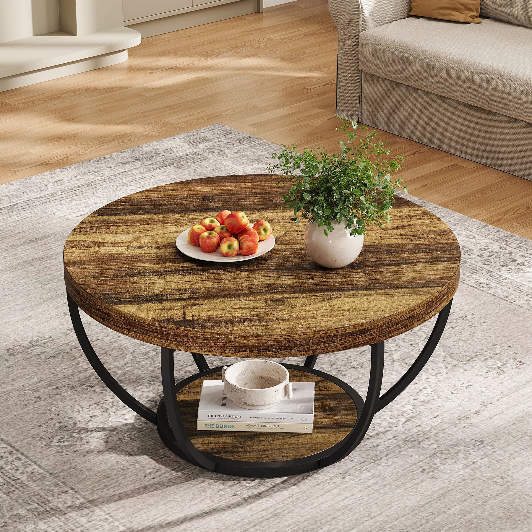 Round Industrial Coffee Table with Storage Shelf for Living Room — 31.7" Oak