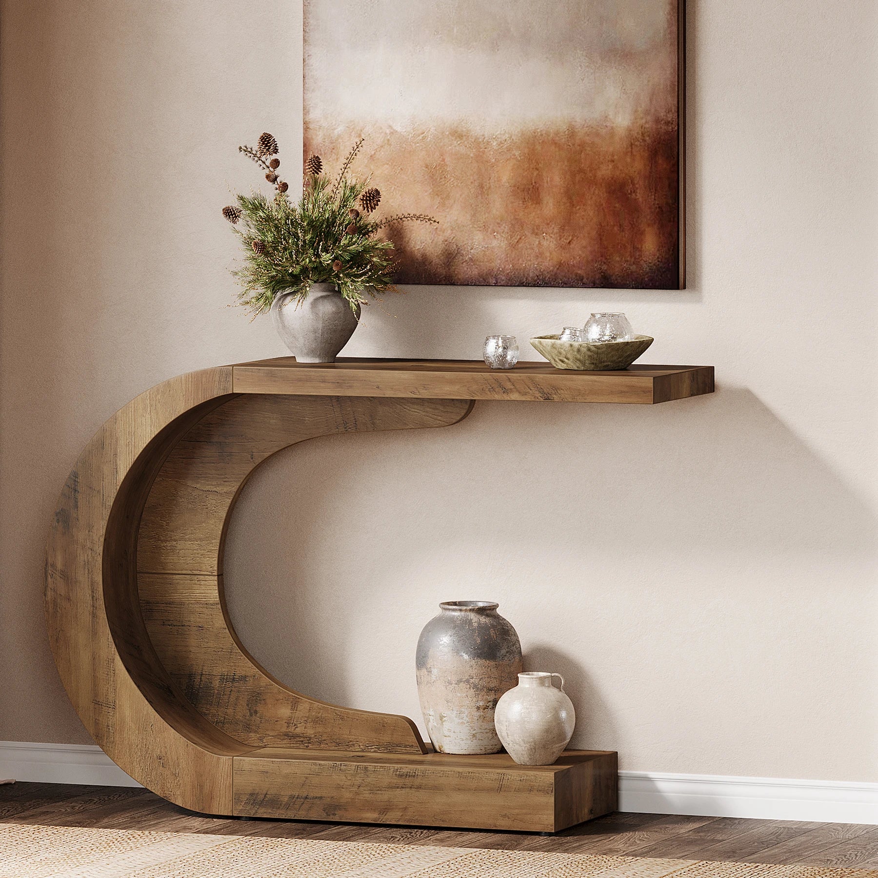 Curved Wood Console Table with Sculptural C-Base for Entryway — 43" Wide