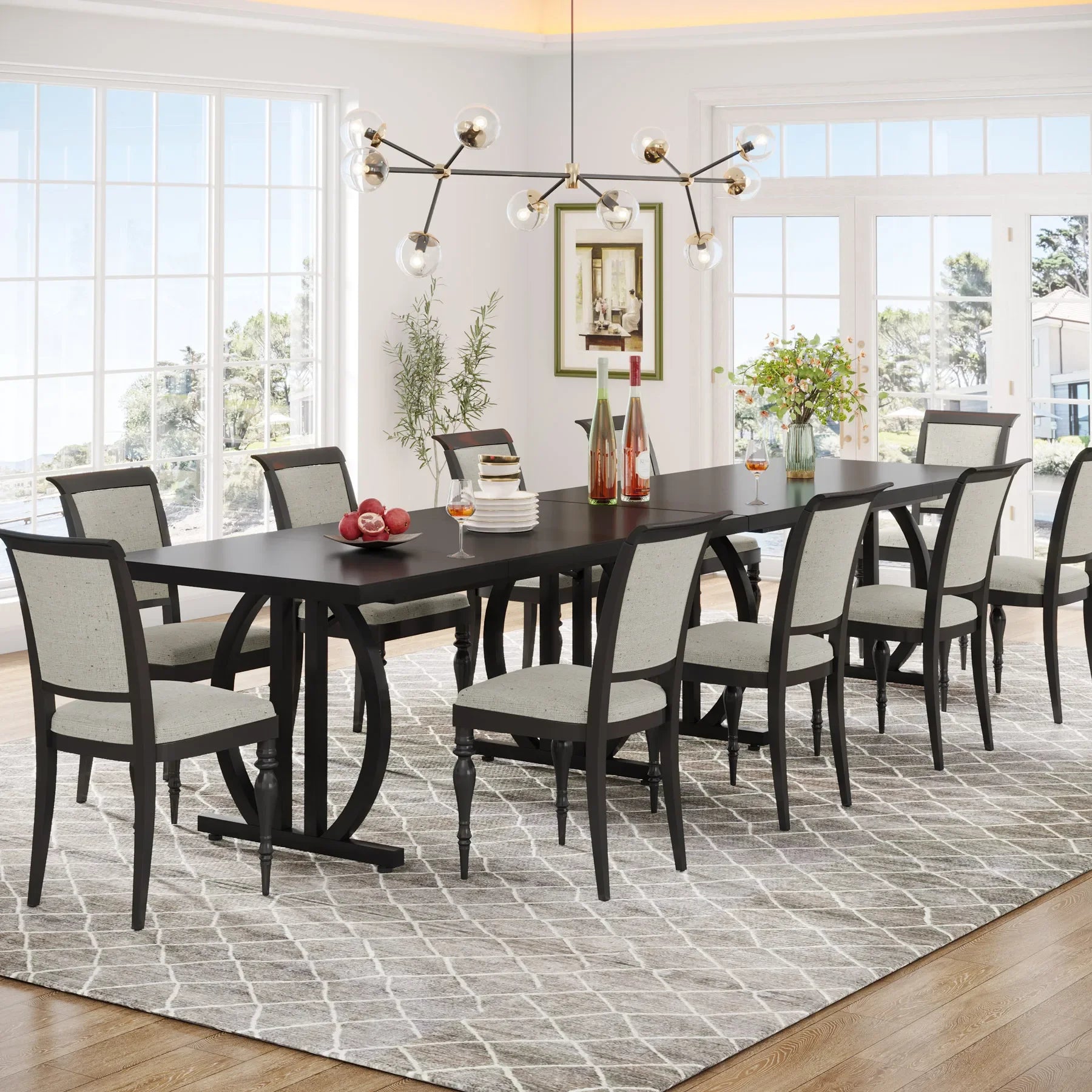Modern Black 63" Dining Table with Curved Metal Pedestal Base for Kitchen — Seats 6