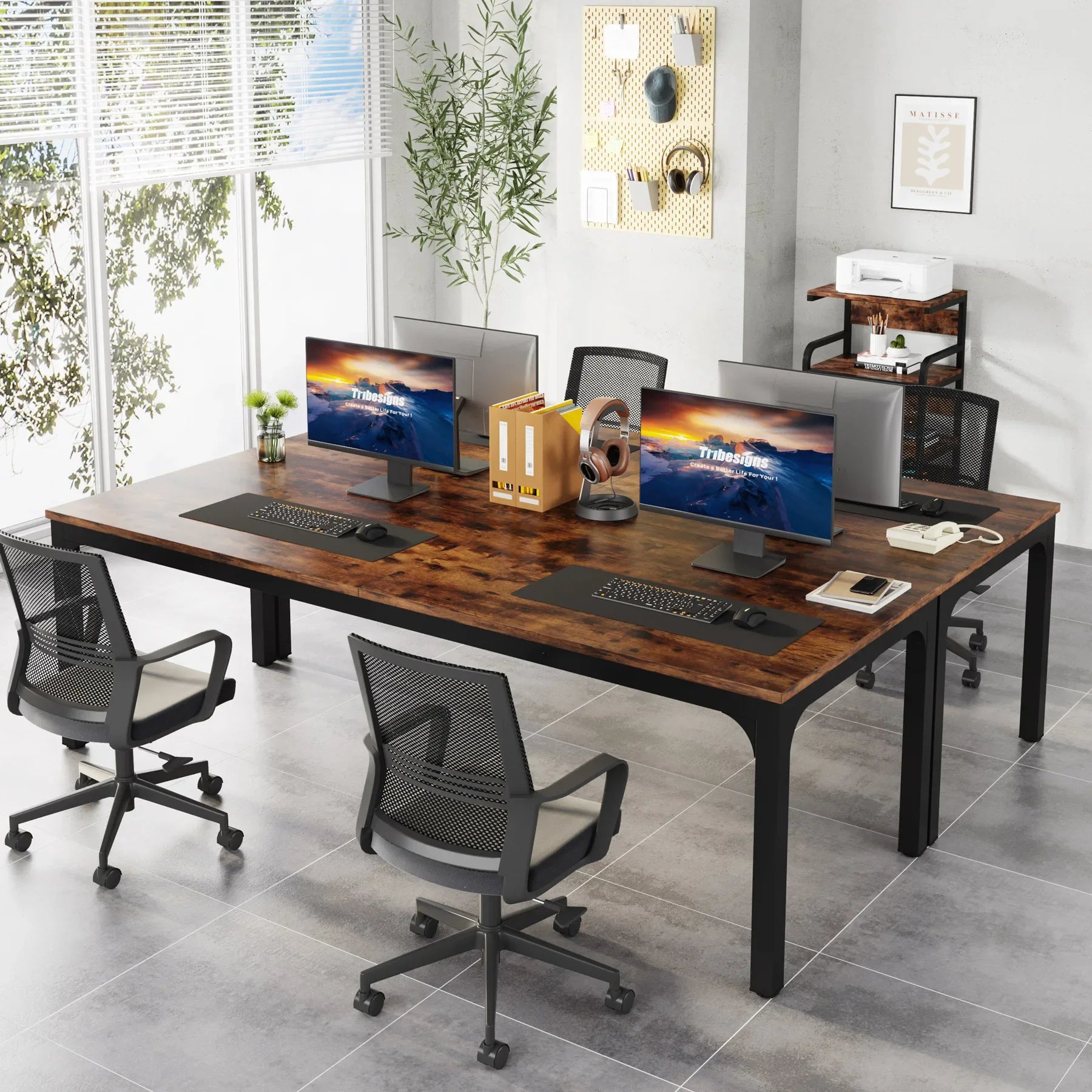 Industrial Wood Computer Desk with Steel Frame for Two-Person Home Office — 78.7"