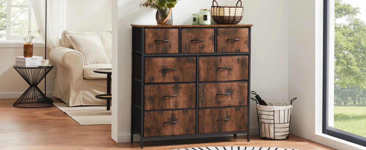 Rustic Wood-Look Dresser with 9 Fabric Drawers for Bedroom — Tall Industrial Chest