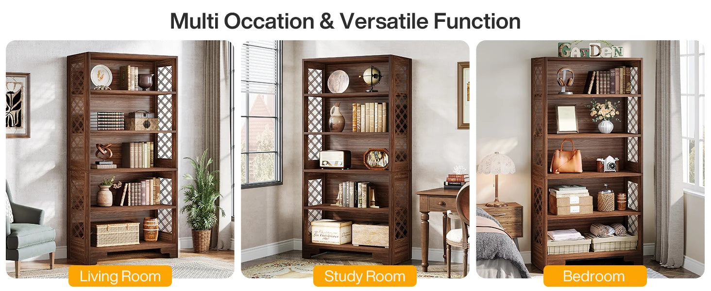 Industrial 6-Tier Bookcase with X-Frame for Living Room — 71in Tall Open Bookshelf