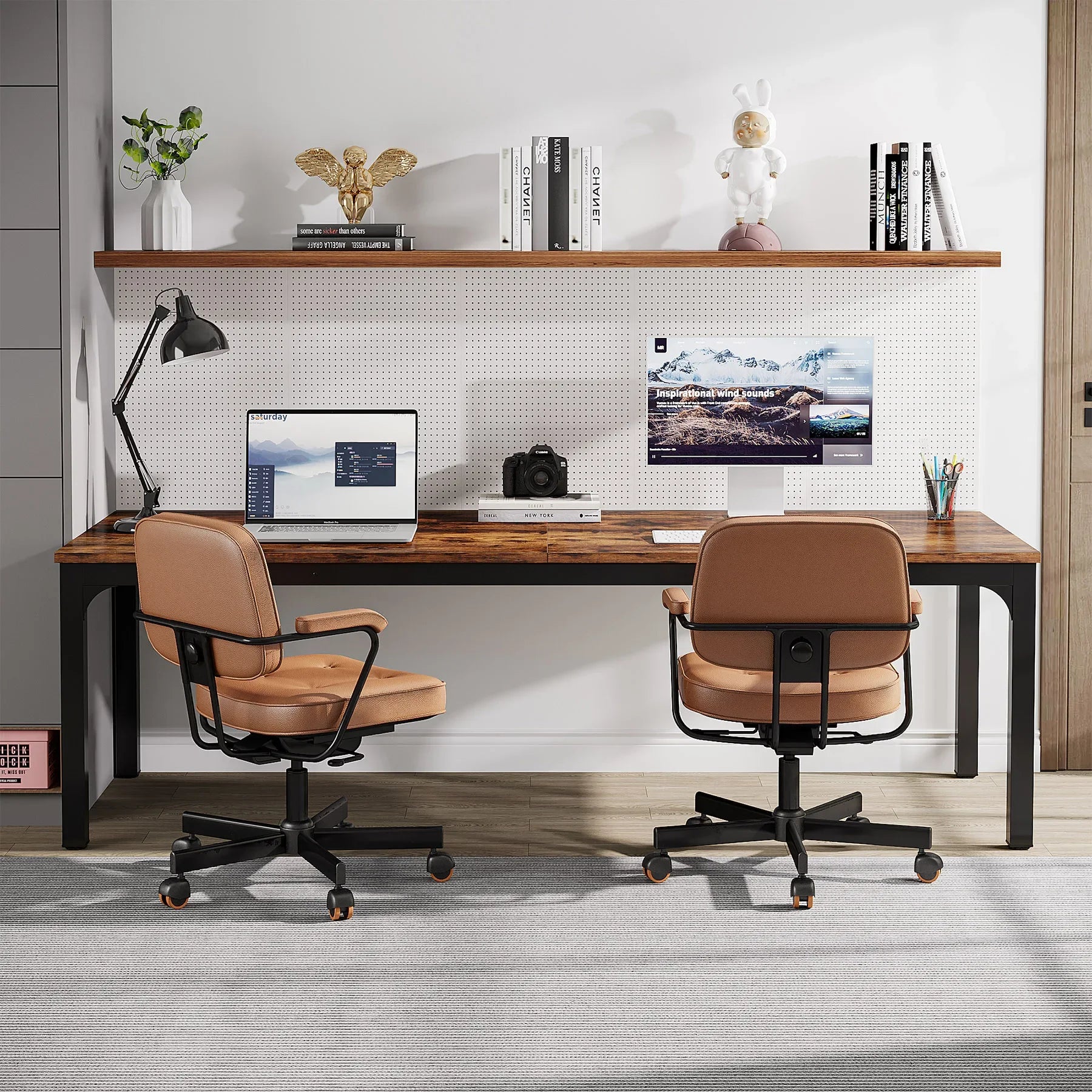 Industrial Wood Computer Desk with Steel Frame for Two-Person Home Office — 78.7"