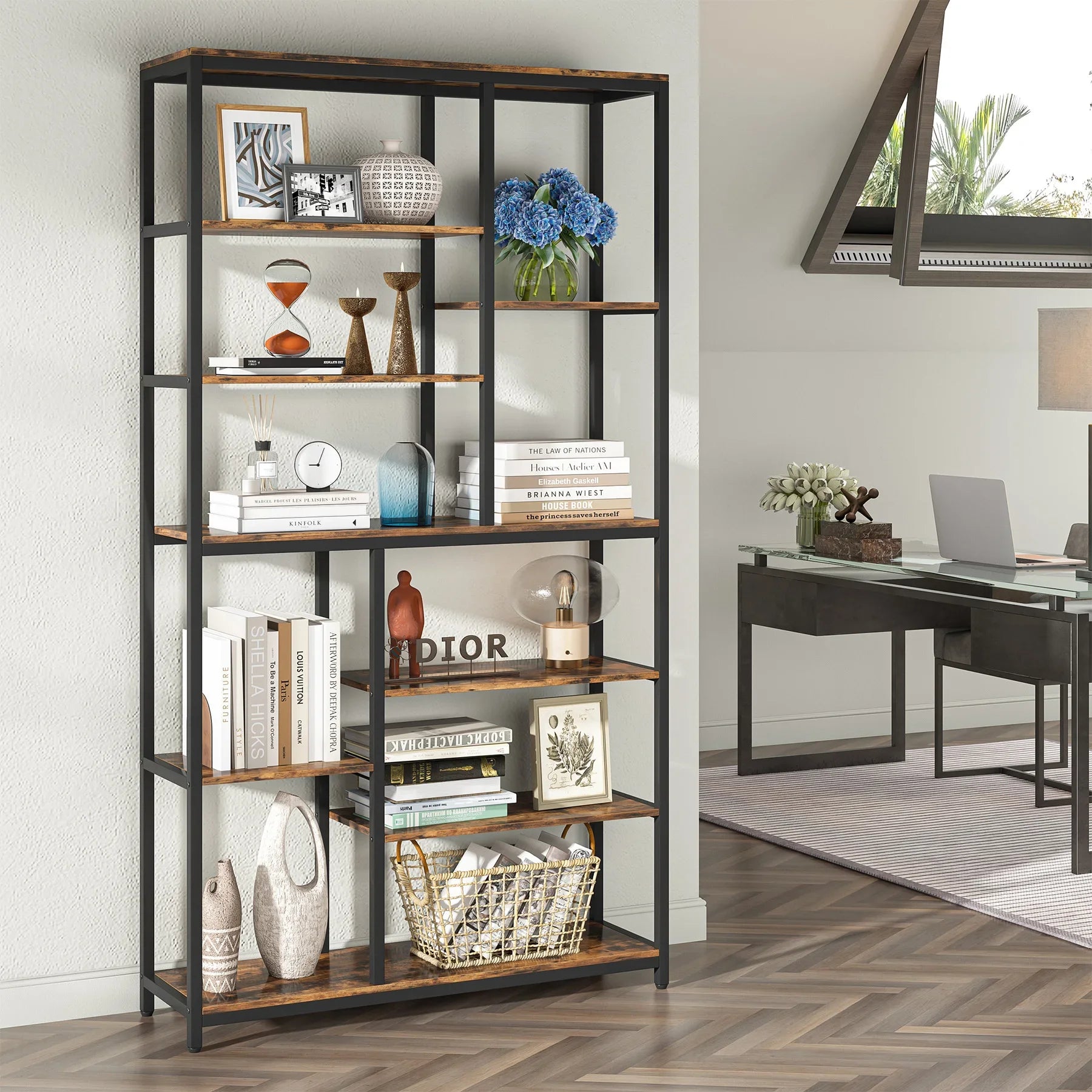 Industrial Bookcase with Open Shelves for Living Room — 79in 9-Tier Etagere